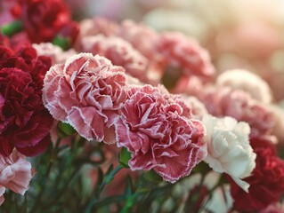Close up of a bouquet of carnations in various shades.