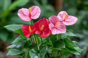 Vibrant pink and red anthurium flowers blooming in a botanical garden