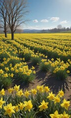 Fototapeta premium Vast field of cheerful daffodils bathed in sunlight, clear blue sky above , sky, yellow flowers, flowers