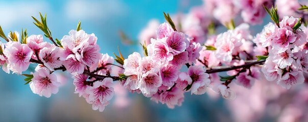 Obraz premium Blossoming apricot tree branches under blurred beautiful sky concept. Beautiful cherry blossom branch with delicate pink flowers.