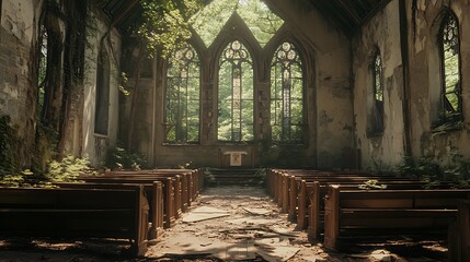 Abandoned church overgrown with plants