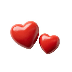 Two glossy red heart shaped objects are placed side by side, symbolizing love and affection. smooth, shiny surface of hearts reflects light, enhancing their vibrant red color