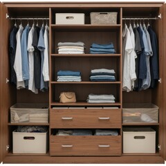 Open wooden wardrobe with clothes on white background
