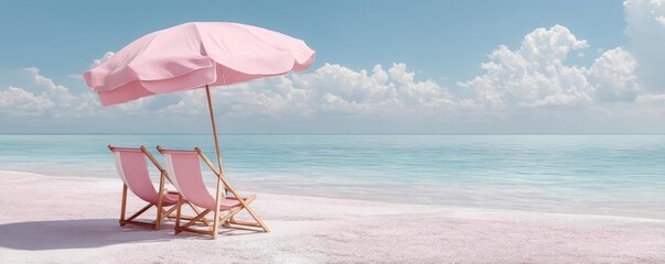 Pink summer vacation at beach with pastel umbrella colours concept. Tranquil beach scene with pink chairs and umbrella by the sea.
