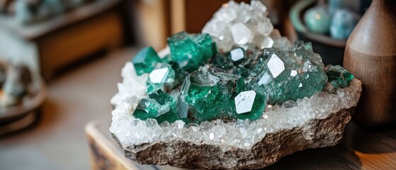 Close-up of Green Fluorite and Clear Quartz Crystal Cluster on Wood Surface, Gemstone Mineral Specimen, Healing Stone, Earthy Still Life