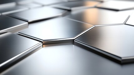 Close-up of Silver Metal Hexagonal Tiles, Reflective Surface Pattern