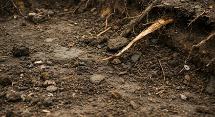 Close-up view of dark brown soil with exposed roots and small stones, showing the texture and composition of the ground surface and subsurface.