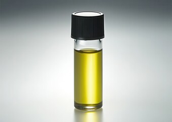 Clear glass test tube filled with golden liquid, capped with black lid.  Lab sample, likely an oil or solution