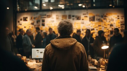 Fototapeta premium A person observing a collaborative brainstorming session with sticky notes and images on a wall