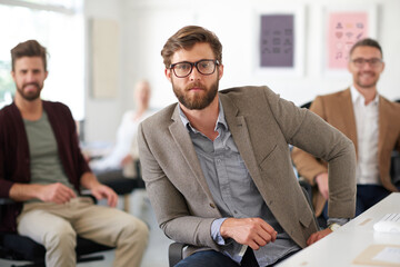 Men, confidence and creative team in portrait for startup, mentor or collaboration in office....