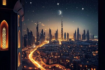 Fototapeta premium Discover the dazzling lights and energetic atmosphere of Dubai's evening scene.