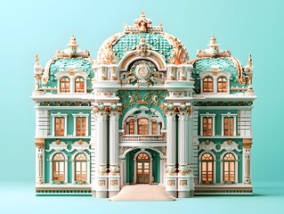 Obraz premium Elaborate architectural model of a grand palace with intricate details, featu ornate turquoise and gold accents against a soft turquoise background creating elegance.