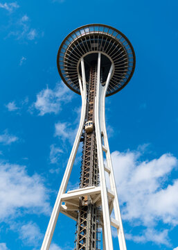 Seattle, Washington, USA - July 26, 2024: Modern Seattle architectural landmark. Architecture of Space needle. Seattle with Space Needle tower. Sky-high architecture landmark. Seattle landmark