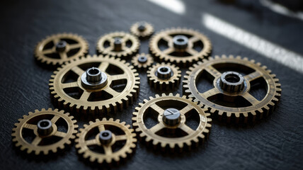 Small brass gears and belts are essential parts of precise machinery working smoothly with metal components on dark textured surface