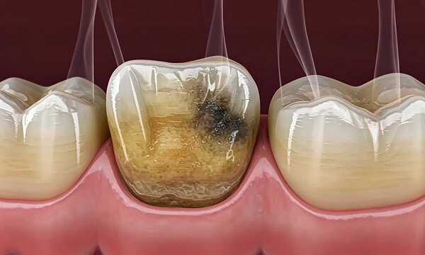 decayed tooth shown between healthy teeth with visible decay and unhealthy gumline, showing oral hygiene problems