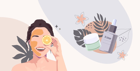 Vector illustration of a woman relaxing with a face sheet mask and skincare sachets on the side. Ideal for beauty, facial treatment, wellness spa, self-care, and natural skincare product promotions