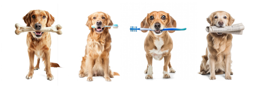 Dog holding big white bone with his mouth, full body standing isolate on white background