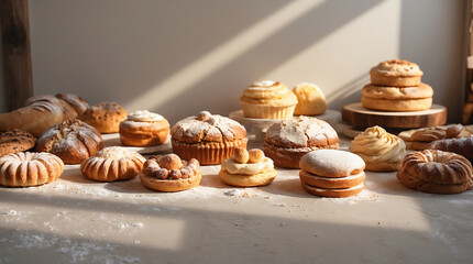 Artisanal Bread and Pastries: A delectable array of handcrafted breads and pastries. showcasing the art of baking and culinary delights. The scene is enhanced by the play of light.