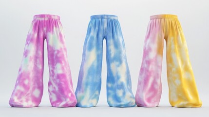 Three pairs of wide-leg tie-dye pants in pastel colors