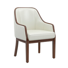 Fototapeta premium Elegant white leather chair with wooden frame, featuring modern design and comfortable armrests, perfect for stylish living room or office setting