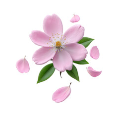 Delicate pink flower with scattered petals and green leaves creates serene and natural composition. soft colors and gentle arrangement evoke sense of tranquility and beauty