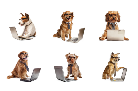 dog wearing glasses and tie using laptop, full body standing isolate on white background
