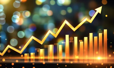 A digital display of stock market trends with upward arrows and bar graphs, representing the concept of growing interesting statistics for business analytics - Powered by Adobe