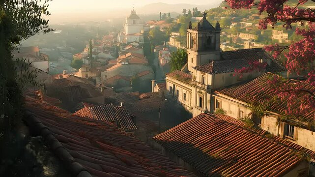 Serene sunrise over a picturesque village with terracotta rooftops and blooming flowers