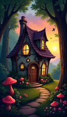 Fototapeta premium Enchanted Forest Cottage cartoon