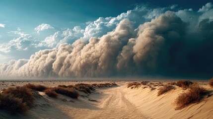 Panorama sand storm over desert with huge dust and wind concept. Dust storm approaches over sandy landscape, creating dramatic scene.