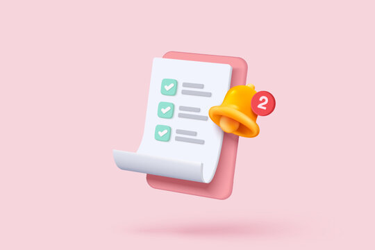 3d white clipboard task management todo check list with notification bell icon, efficient work on project plan alarm concept, alert for todo checklist. 3d vector clipboard render on pink background