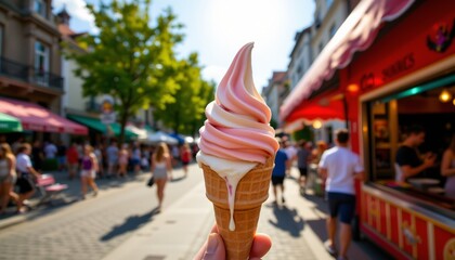 Obraz premium Delightful ice cream cone dripping under blazing sun busy street photography summer vibes close-up sweet treats