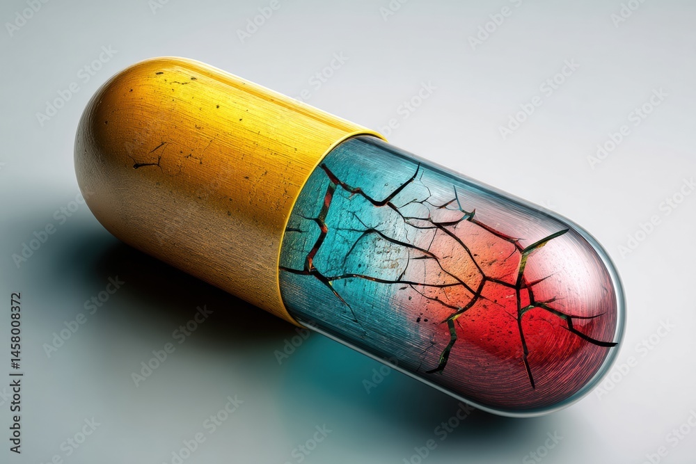Poster symbolic representation of a cracked antibiotic pill revealing shielded bacteria inside generative a