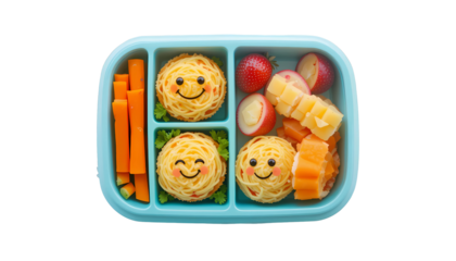 Vibrant bento-style meal for kids including cartoonish noodle muffins with smiling cheese faces, sliced carrots, and fruit skewers, surrounded by school supplies.