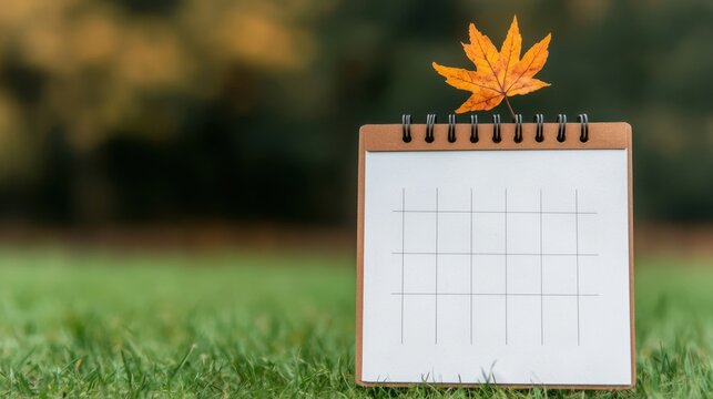 Blank calendar with autumn leaf set on grass background, evoking a sense of seasonal change.