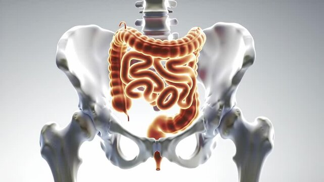Detailed anatomical illustration of the human colon and surrounding skeletal structure showcasing the digestive system in a clear informative medical style with scientific and educational applications