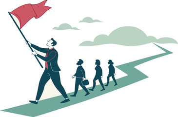 Leader determination to lead team to success, motivation to win together, direction forward for future success, victory or triumph concept, businessman leader holding winner flag leading to success.