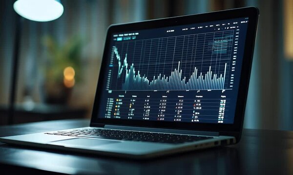 A close-up of an advanced laptop displaying financial data with upward arrows on the screen, representing stock market growth 