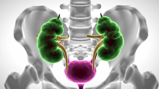 Detailed anatomical illustration of the human urinary system featuring kidneys bladder and pelvic structure against a neutral background perfect for medical and educational materials