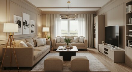 Fototapeta premium Elegant living room featuring plush sofas and modern decor