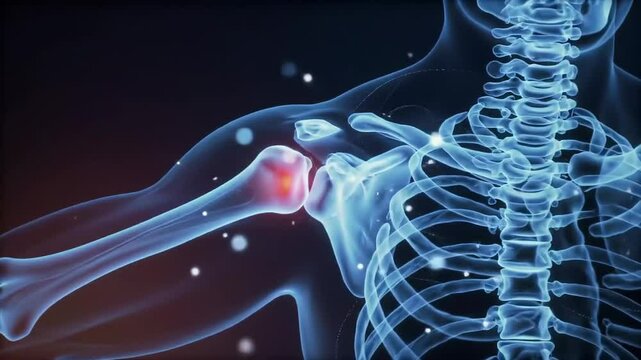 Human skeletal system illustration depicting arm and shoulder anatomy in a glowing blue rendering suitable for medical and scientific educational presentations