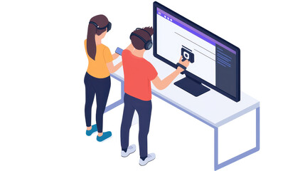 Isometric illustration of two individuals using virtual reality headsets and a computer screen to engage with a digital display.