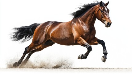 Obraz premium A powerful brown horse running on a sandy terrain, showcasing its strong muscles and flowing mane.