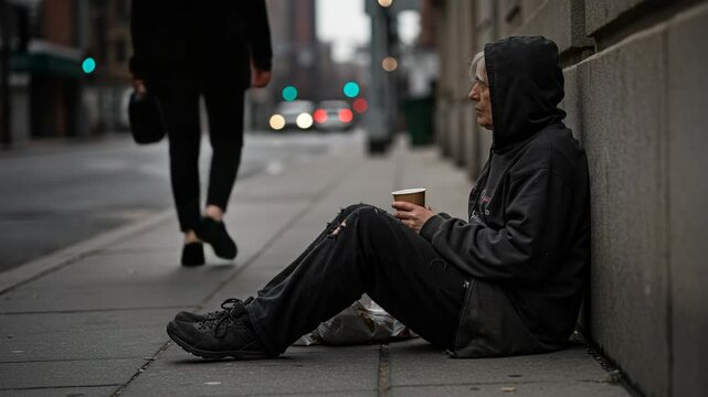 Homeless elderly woman sitting alone, passerby walking by on street  