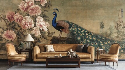 Elegant living room featuring a peacock amidst floral artistry.