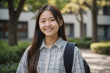 キャンパス内の笑顔の女子学生