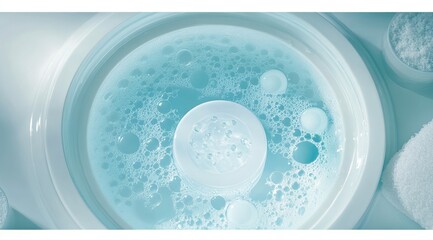 Close-up of a light teal-colored cleansing device filled with sudsy, bubbly water and small white components.  Clean, hygienic, and spa-like
