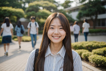 キャンパス内の笑顔の女子学生