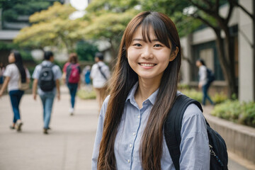キャンパス内の笑顔の女子学生