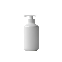 Digitally rendered image of a white plastic bottle with a pump dispenser, set against a muted gray background. The scene is focused on the product design.